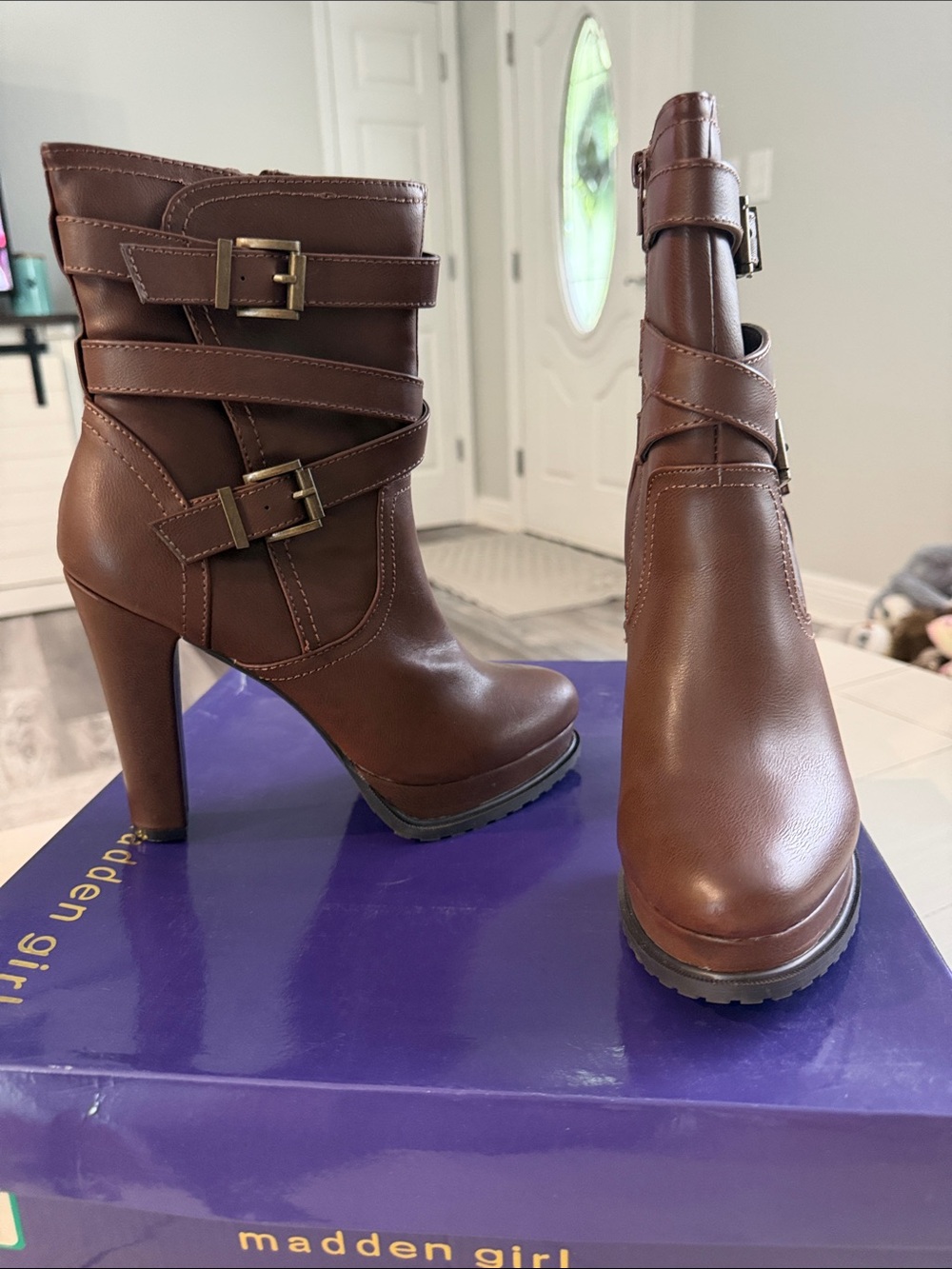 Madden Girl Chestnut Brown Strappy Buckle Ankle Heeled Boots